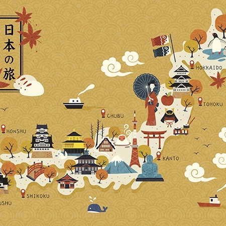 Japanese travel map, historical landmarks on the map, Japan travel in Japanese on the upper left